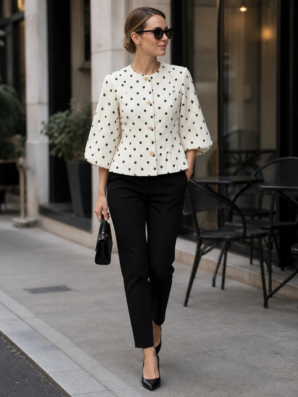 

Cream Black Polka Dot Cropped Blazer Round Neck Camellia Gold Buttons Puff Sleeve Single Breasted Elegant Vintage Outerwear