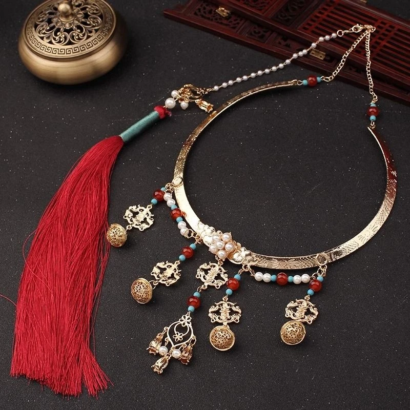 Chinese Ancient Women Accessory Necklace Pearl Collar Ming Style Handmade Hanfu Accessory Women Cosplay Vintage Necklace