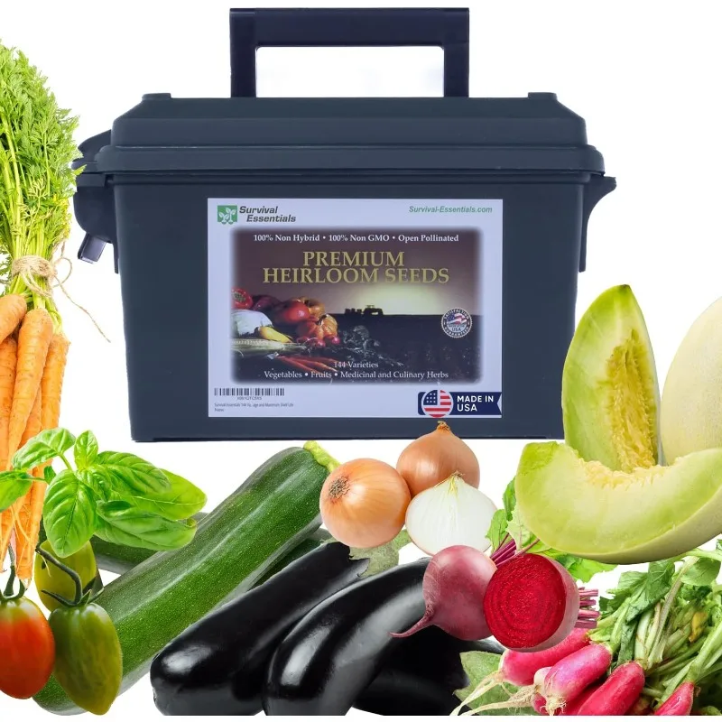 144 Variety Non-GMO Heirloom Seeds in Air & Water-Tight Ammo Can - 23,000 Survival Seeds for Planting Vegetables