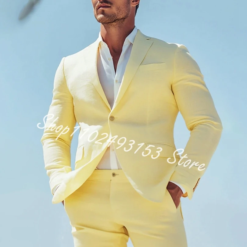 

Summer Linen Suits for Men Slim Fit 2 Piece Fashion Causal Business Wedding Groom Tuxedo Male Suits Blazer Pants Costume Homme