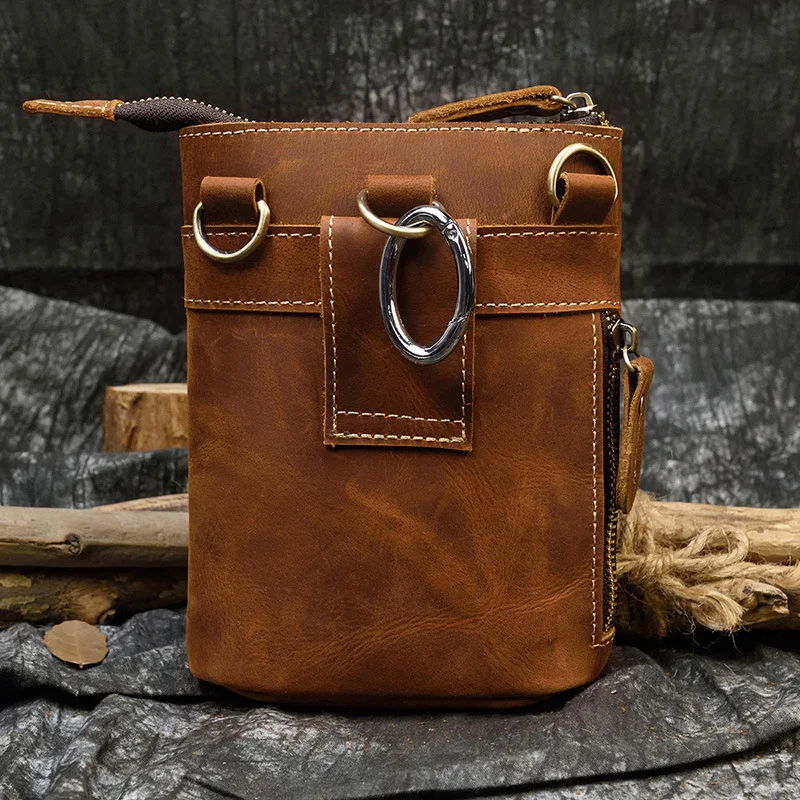 Mens Waist Bag Mobile Phone Shoulder Bag Crazy Horse Leather Vintage Fack Pack Male Belt Bum Bag For Travel Outdoor Men Belt Bag