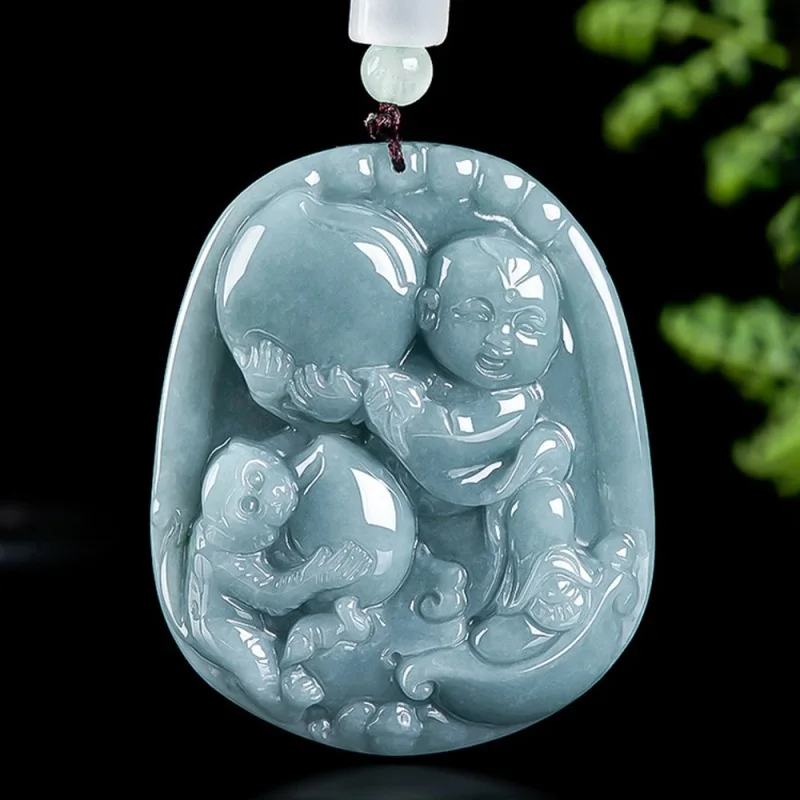 

Real Natural Grade A Jade Jadeite Men Women Lucky Baby Monkey Peach Oblong Pendant