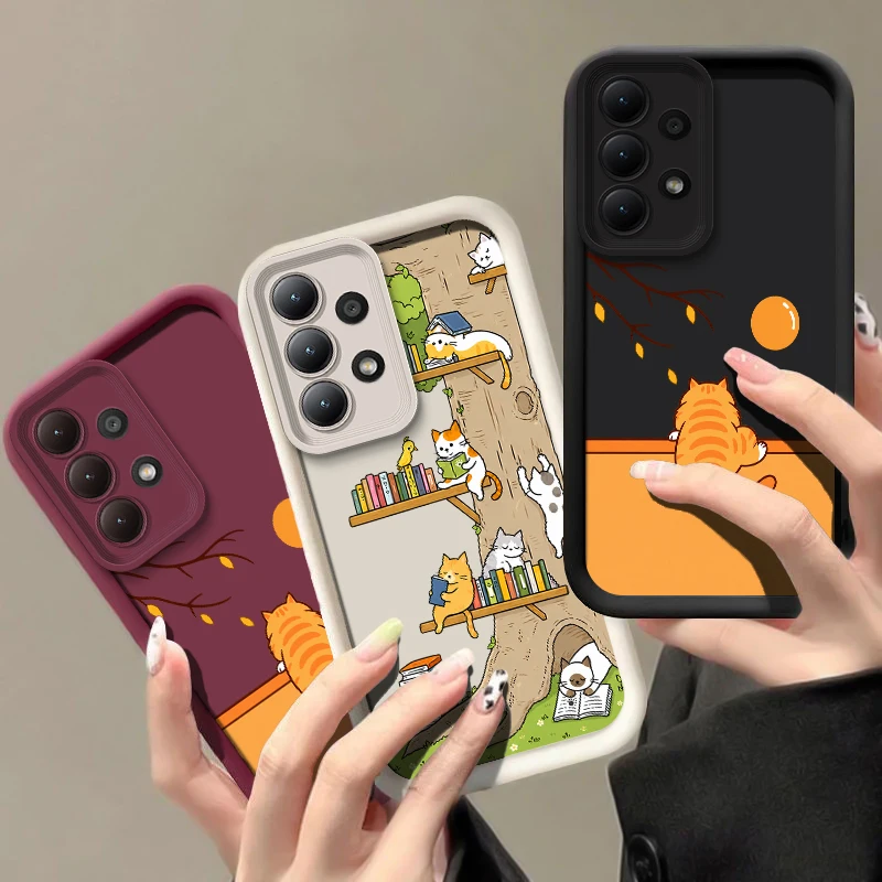 Big Tree Cat Case For Samsung Galaxy A57 A37 A27 A17 A56 A36 A26 A55 A35 A54 A34 A24 A25 A14 A16 Matte Lens Protect Cases covers