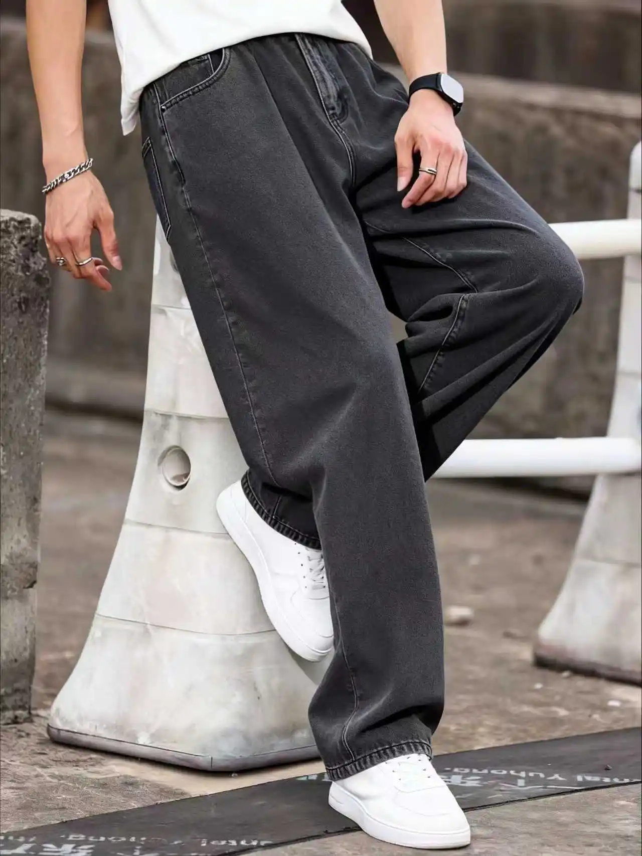 جينز رجالي واسع الساق مريح وفضفاض مناسب لجميع المواسم يمكن ارتداؤه على طراز الشارع الحضري للنزهات اليومية والتجمعات غير الرسمية #3