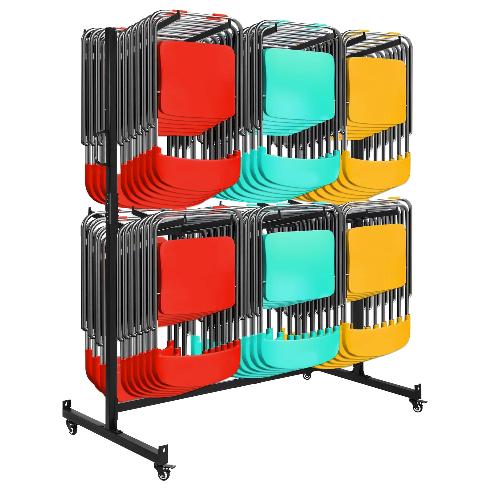 Estante para sillas plegable con 4 ruedas de bloqueo, carrito de almacenamiento para sillas plegables de alta resistencia para 42 sillas y 12 mesas