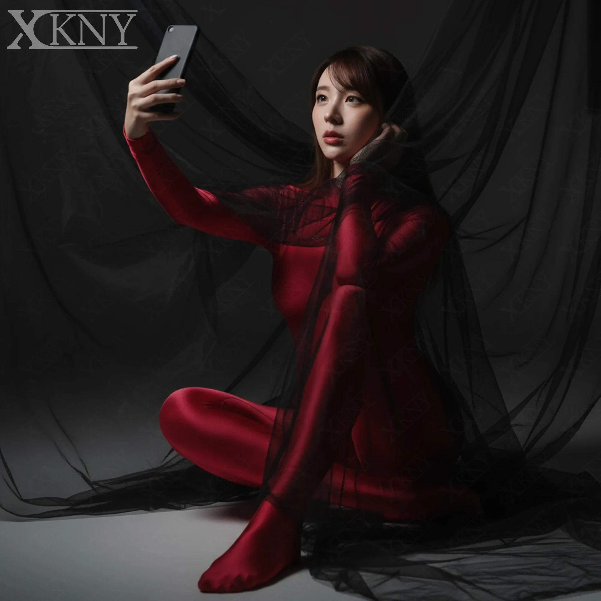 

XCKNY glossiness series bodysuit Satin Glossy High Neck Long Sleeve Full body Tight Pants back Zipper Oil Silk leotard