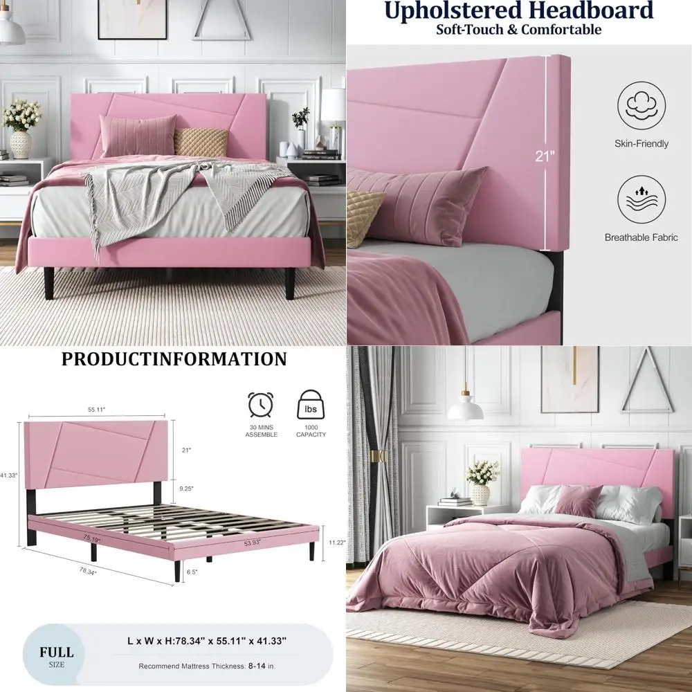 

Full Size Velvet Headboard Platform Bed Frame with Geometric Design and Wooden Slats for Sturdy Support