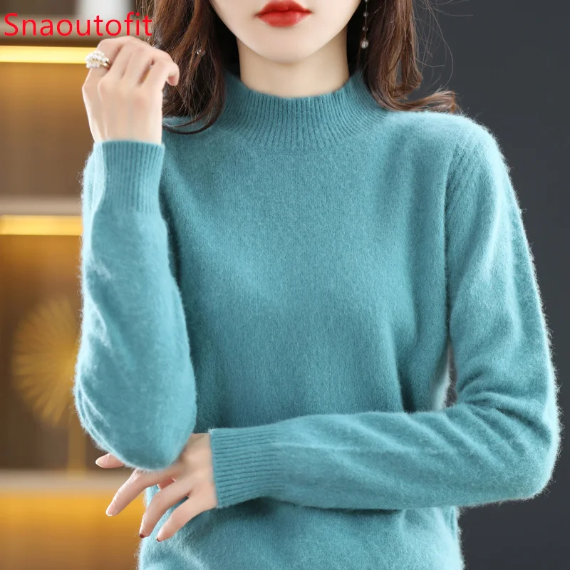 Half-High Collar Pure Mink Cashmere Sweater Women\'s Long Sleeve Top Autumn and Winter Warm Loose Knit Pullover Solid Color Base