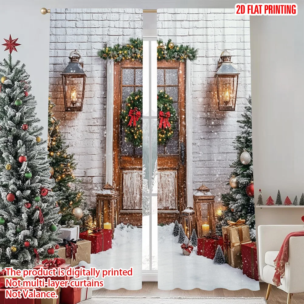 

2pcs 2D flat printing Merry Christmas Curtain Holiday tree and wreath Versatile 100% Polyester Without Electricity Festive Wall