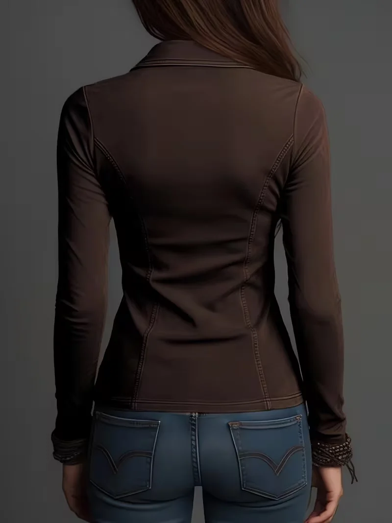 Women's Slim Fit Lapel Shirt, Multi-Color Zipper Closure, Cargo Pockets, Waist Cinching, Fashion Sexy Top for Dating and Commute view 2