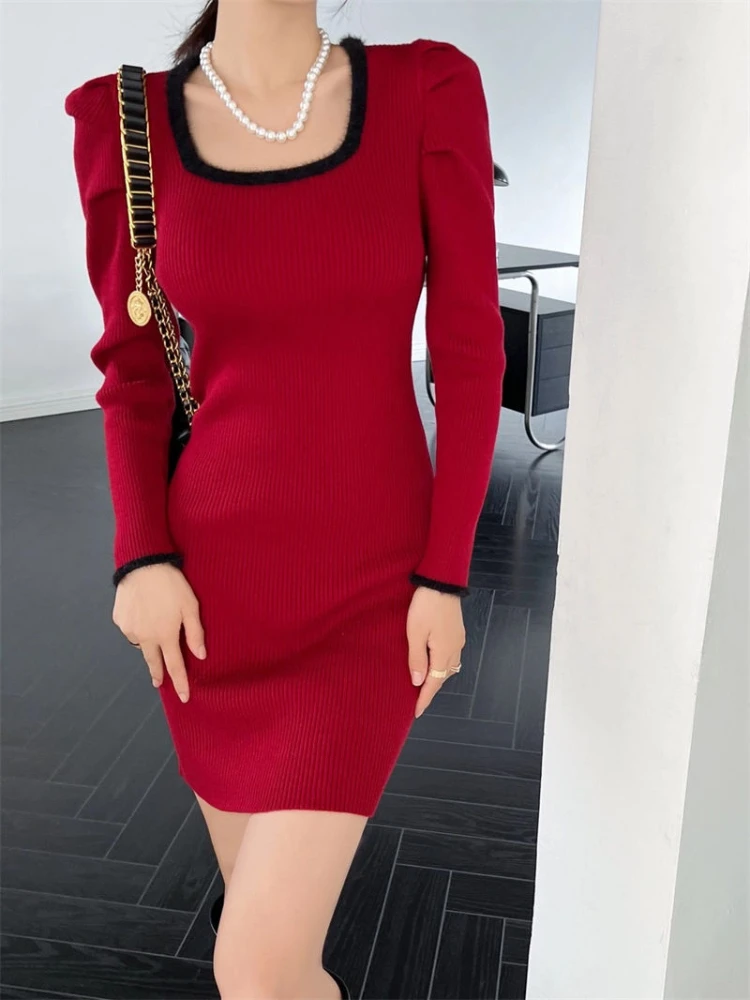 Knee Length U Neck Clothes Black Knitted Dresses for Women Colorblock Cover Up Crochet Midi White Woman Dress  Aesthetic Sale