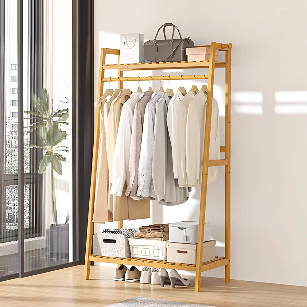 Solid Wooden Clothes Rack with 2 Shelves For Bedroom Office Shop