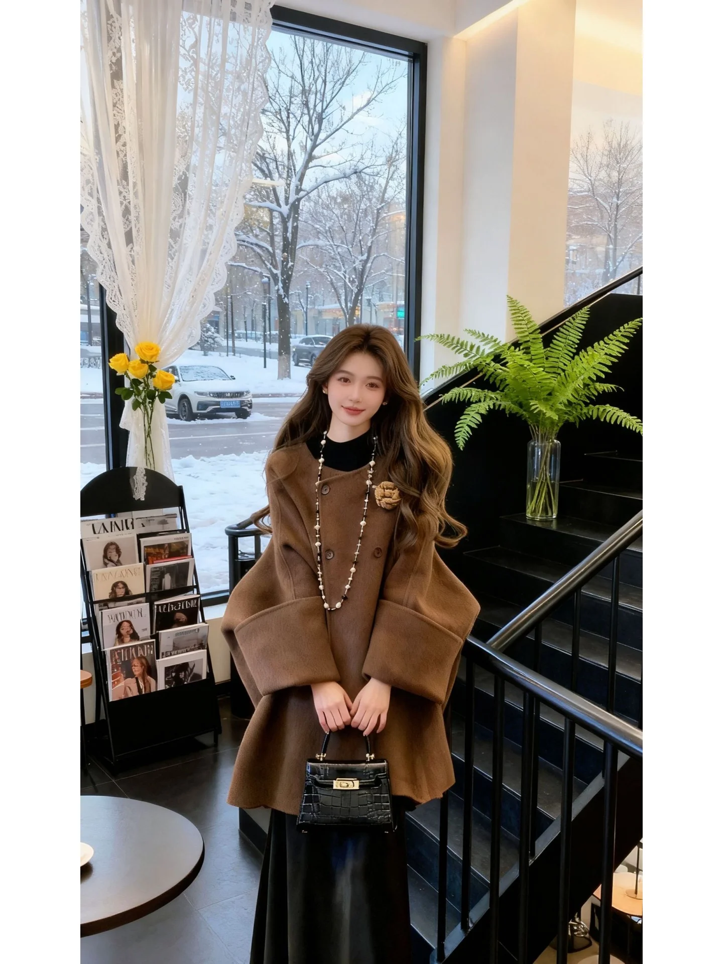 

Ретро-пальто из мягкой коричневой шерсти с двубортной застежкой, средней длины, премиум-класса, с воротником-хомутом, осенне-зимняя модная верхняя одежда