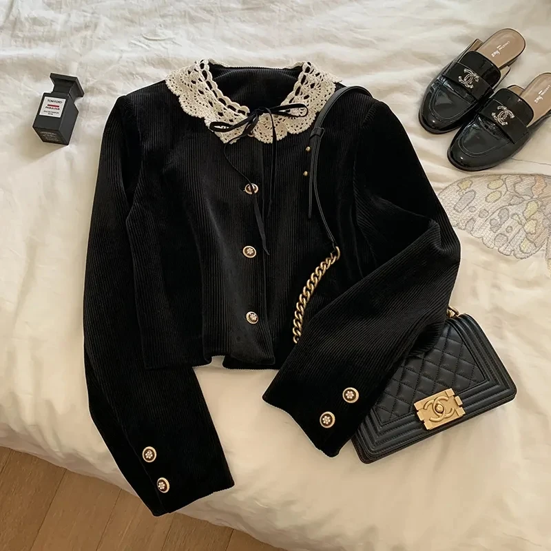 Autumn Winter New Fashionable Doll Neck Fragrant Velvet Black Women\'s Short Tops