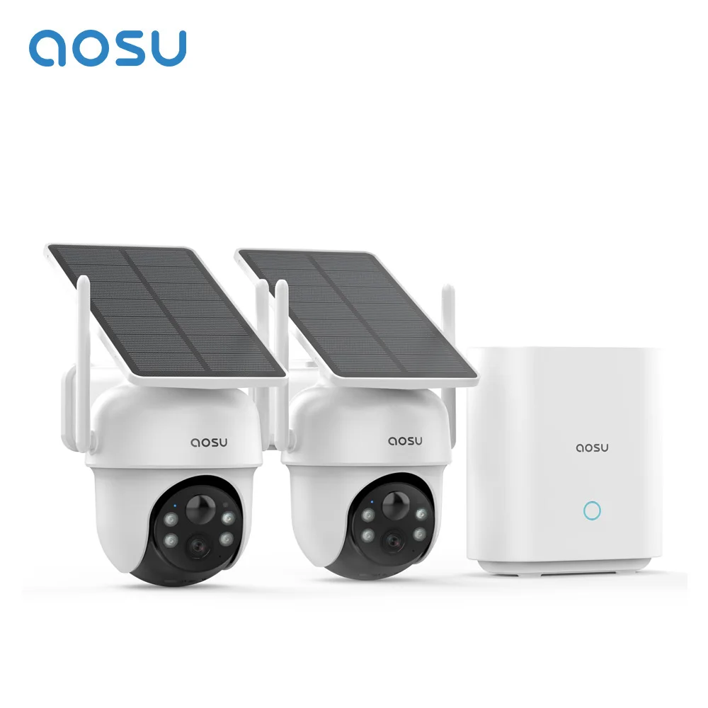 AOSU 3MP 2 Cam Kit Solar Battery Wireless Camera System 360° PTZ Surveillance Wifi Camera Set Include Home Base Support Alex