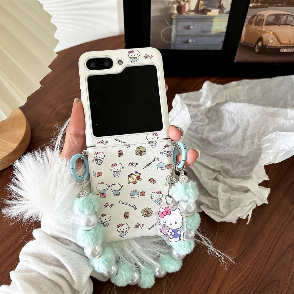 

Hello Kitty Heart Print PU Phone Case For Samsung Galaxy Z Flip7 Flip6 Z Flip 7 6 5 4 3 5G Folding Hard PC Cover
