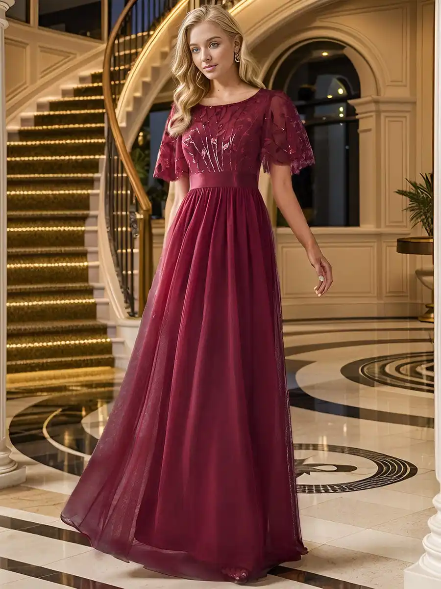 2024 Women Evening Dresses Long A-Line O-Neck Short Sleeve Formal Dresses Tulle Sequined  Elegant Birthday Party Gowns