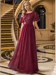 2024 Women Evening Dresses Long A-Line O-Neck Short Sleeve Formal Dresses Tulle Sequined  Elegant Birthday Party Gowns