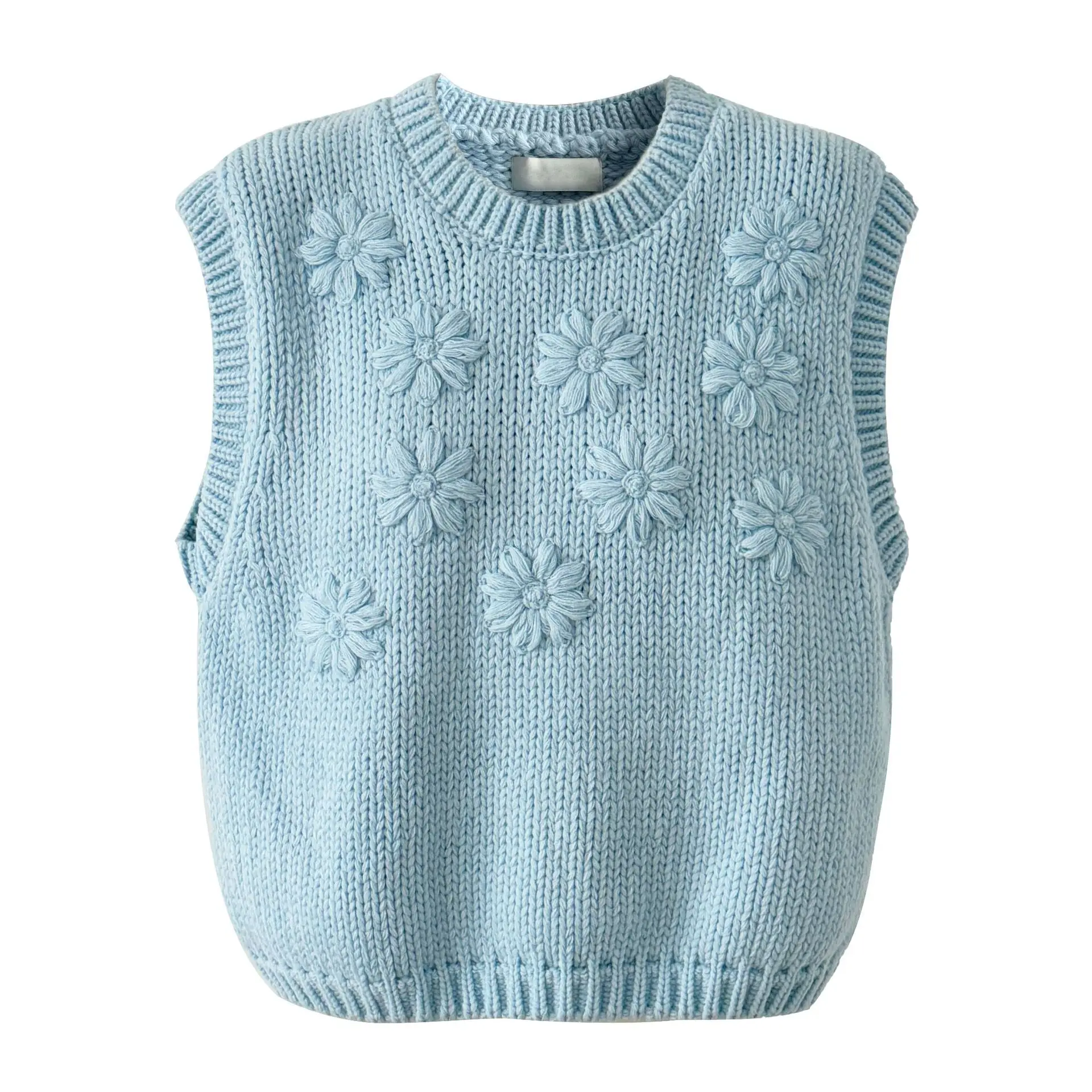 Women Knitted Pullovers Sweaters Solid Jumpers 3D Floral Round Neck Sleeveless Slight Strech Loose Fit Casual Office 2026 Spring
