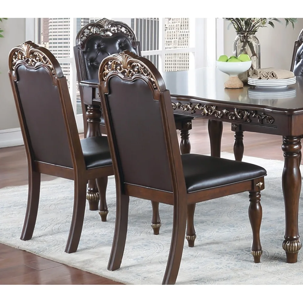 Traditional Formal Brown Finish 7pc Dining Set Table w 6x Side Chairs Rubber wood Intricate Design Tufted back Cushion Seat