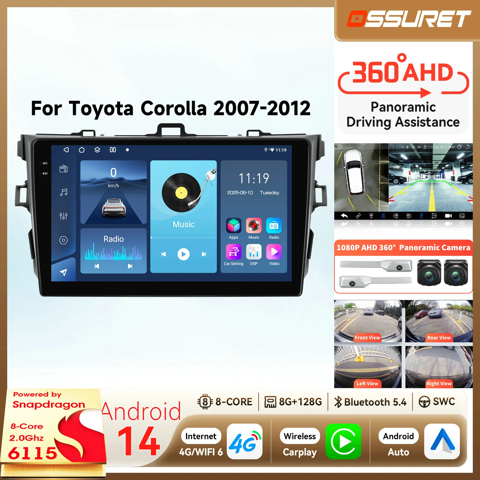 6115 Carplay Android Car Radio For Toyota Corolla 2007-2011 Multiemdia Video Player GPS Navigation Stereo 2DIN 360 Camera RDS BT