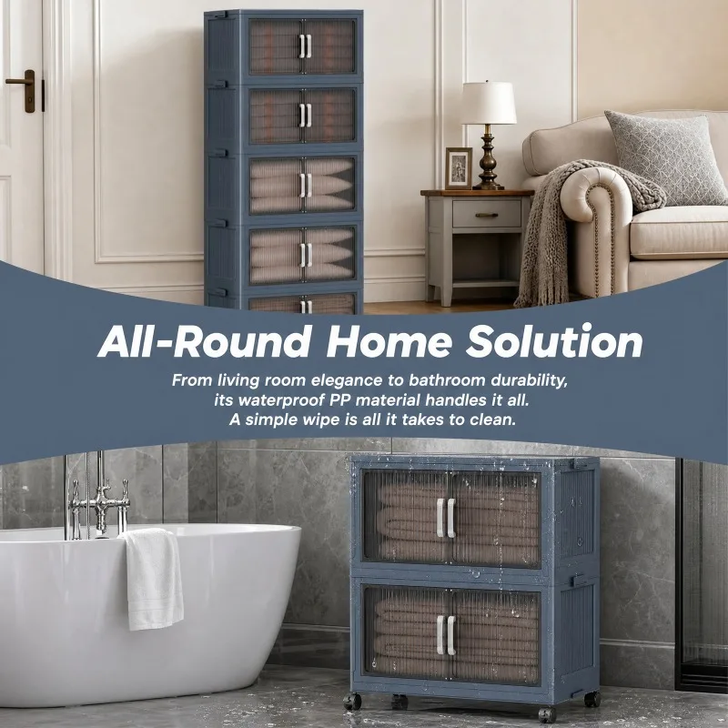 3‑Tier Foldable Plastic Storage Cabinet with Wheels, Stackable Dust‑Proof Storage Organizer with Flip‑Double‑Door, Portable Rolling Storage Bin for Bedroom, Closet, Living‑Room, Pantry view 7