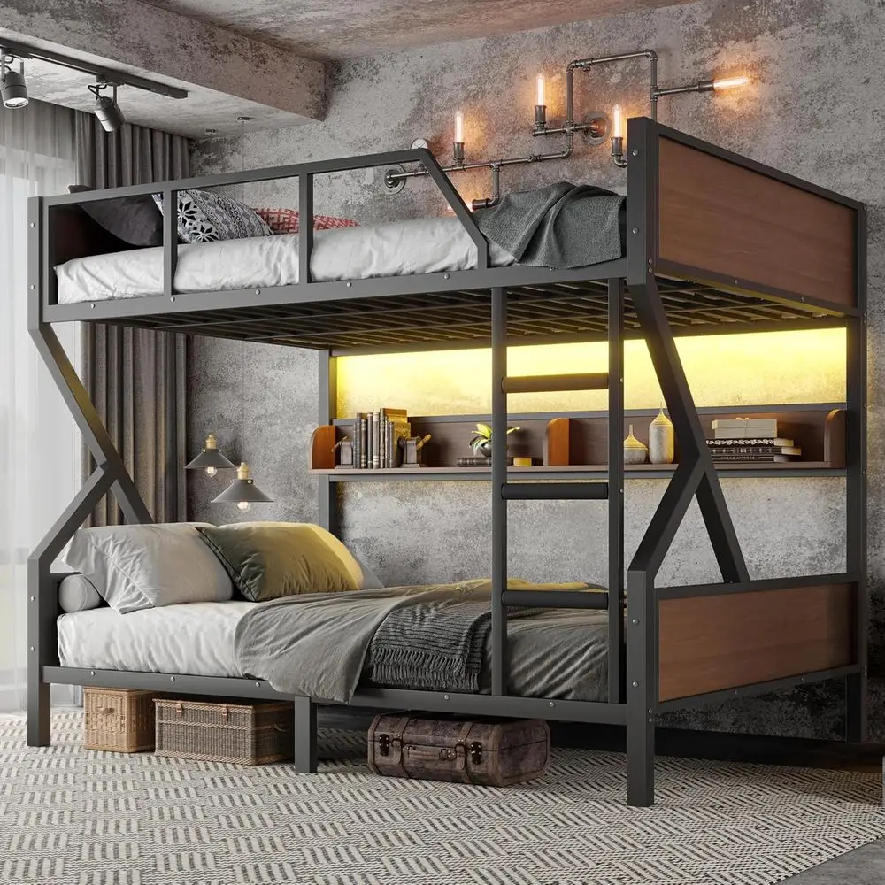 

Black Twin Metal Queen Over Queen Bunk Bed with Storage for Kids, Teens, and Adults - Space-Saving Design