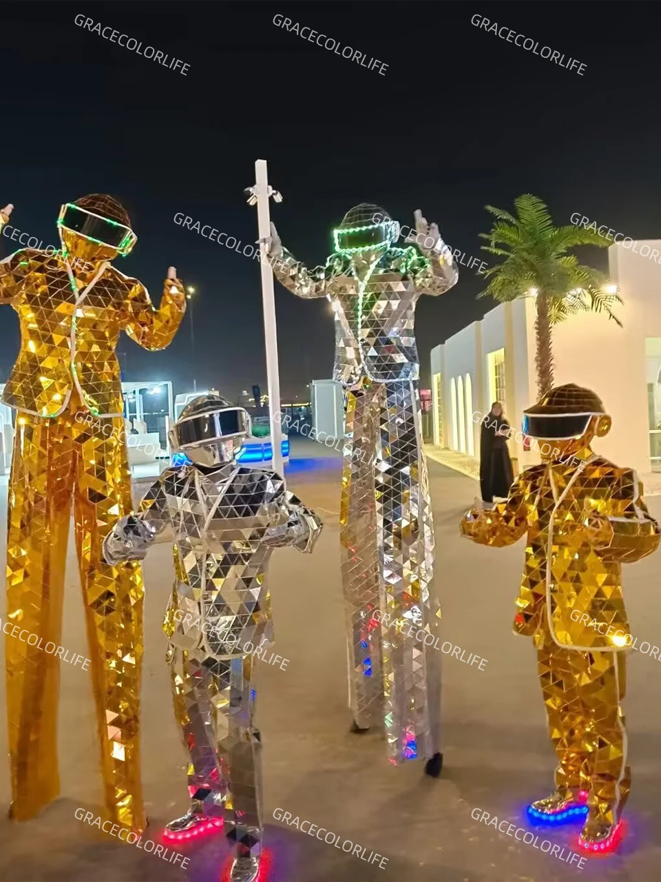 มือเย็บคอสเพลย์ Silver Stilts Walker กระจก LED Man แสดงทองชุดเวทีชุดประสิทธิภาพหน้ากากเครื่องแต่งกายแก้วคอสเพลย์เสื้อผ้า