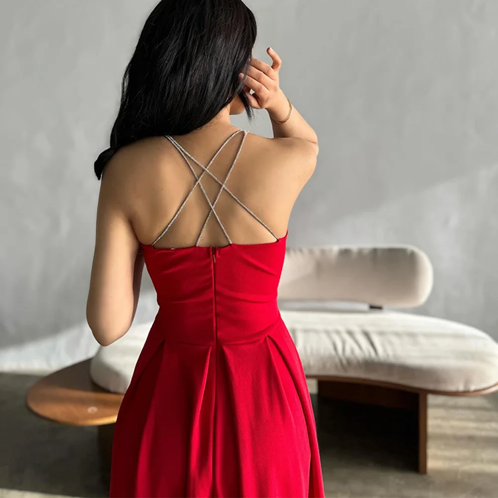 Zipper Back A-Line Square Neck Spaghetti Straps Exquisite and Fashion Evening Dresses Custom Size Tea Length Satin Sleeveless