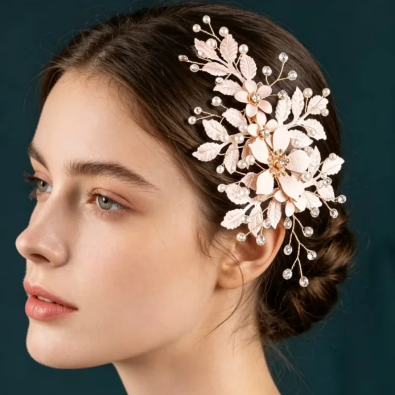 Bridal Hair Piece Pink Flower with Rhinestones and Pearls, Wedding Hair Clip for Bridesmaids, Elegant Hair Accessory for Special