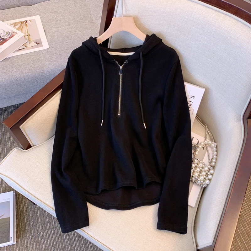 

plus Size Hoodie Jacket Slimming Belly Covering Shoulder Length Black Sweatshirt Outerwear for plus Size Women Trendy Streetwear