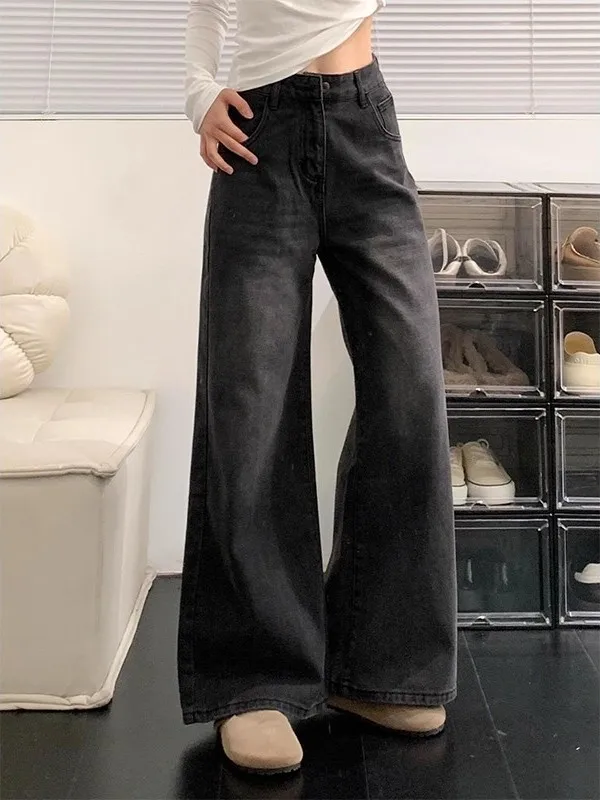 

High Waist Straight Leg Vintage Washed Grey Black Denim Jeans Women Loose Slimming Drapey Wide Leg Long Pants Casual Trousers