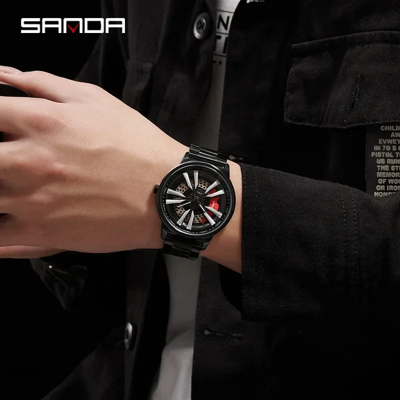 Sanda 1111 rueda giratoria de coche ahueca hacia fuera el diseño 3D Dial resistente al agua movimiento de cuarzo moda hombres reloj de pulsera analógico