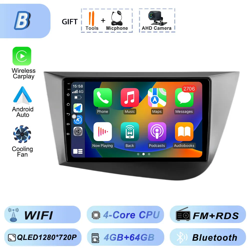 Draadloze Carplay Android 15 voor Seat Leon 2 2005-2012 Multimedia Video Player Wifi Autoradio Navigatie GPS Stereo Android auto
