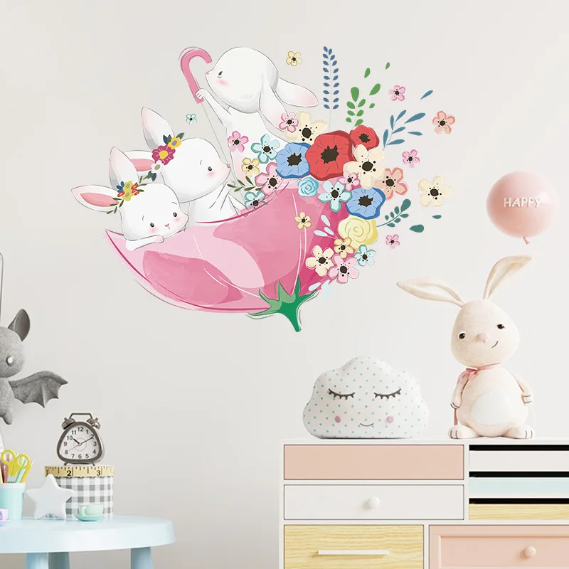 

Cute Bunny On Umbrella Wall Stickers For Kids Room Nursery Girl Bedroom Decals Mural Home Decoration Vinyl Cartoon Animal Stiker