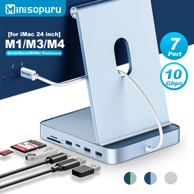 Minisopuru USB C Hub for iMac 24 Inch 2021/2023/2024 with M.2 NVMe SSD Case 10Gbps iMac Accessories for iMac M1 M3 M4 iMac Hub