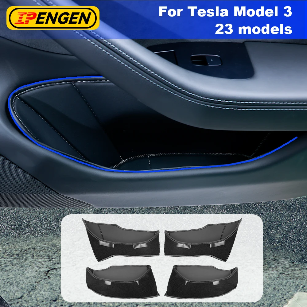 

IPENGEN For Tesla Model 3 Car Door Side Storage Pocket Slot Cushion Interior Car Accessories Storage Box Pad Leather Anti Dirty