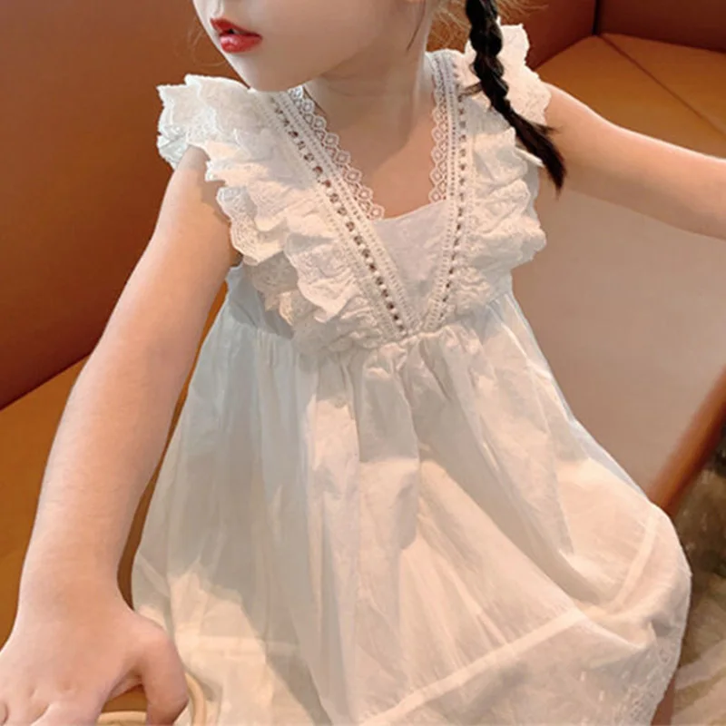 Children's Clothing Girls Summer Style White Versatile Hook Flower Hollow Square Neck Lace Sleeveless Sweet Vest Princess Dress