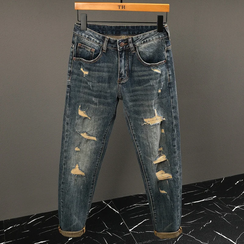 

2025 весенне-осенняя мужская одежда, джинсы в стиле ретро, мужские рваные брюки с нашивками, маленькие прямые брюки