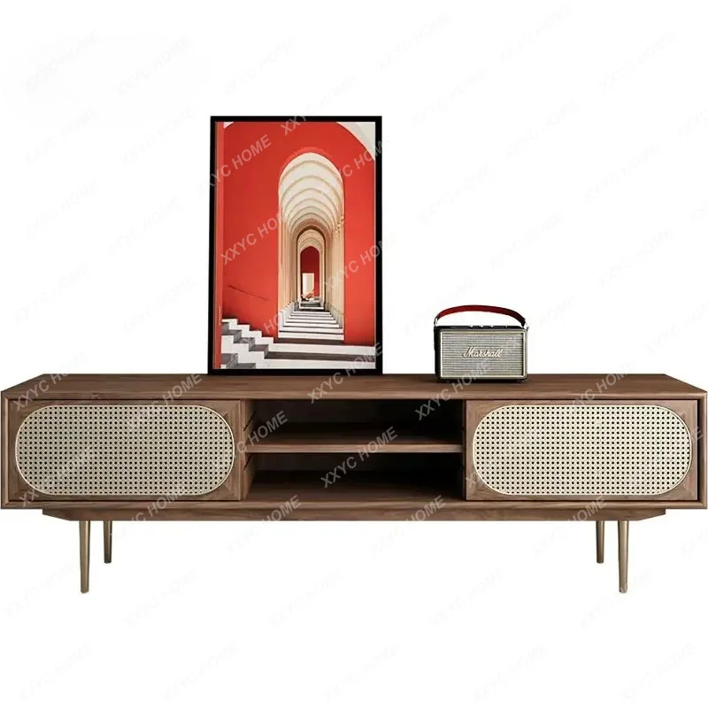 XXBlack walnut solid wood, rattan TV cabinet modern, simple, home furnished floor cabinet