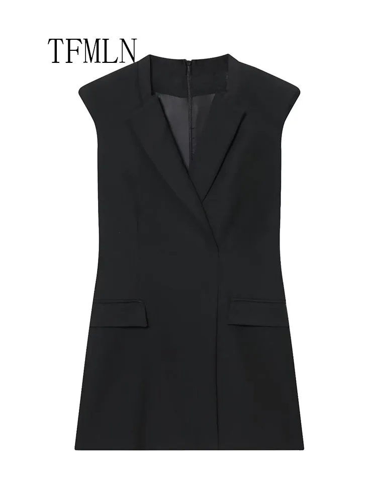 Tfmln escritório senhoras sólido mini vestidos 2026 primavera verão moda com decote em v sem mangas vestido causal bolsos simples vestido de festa