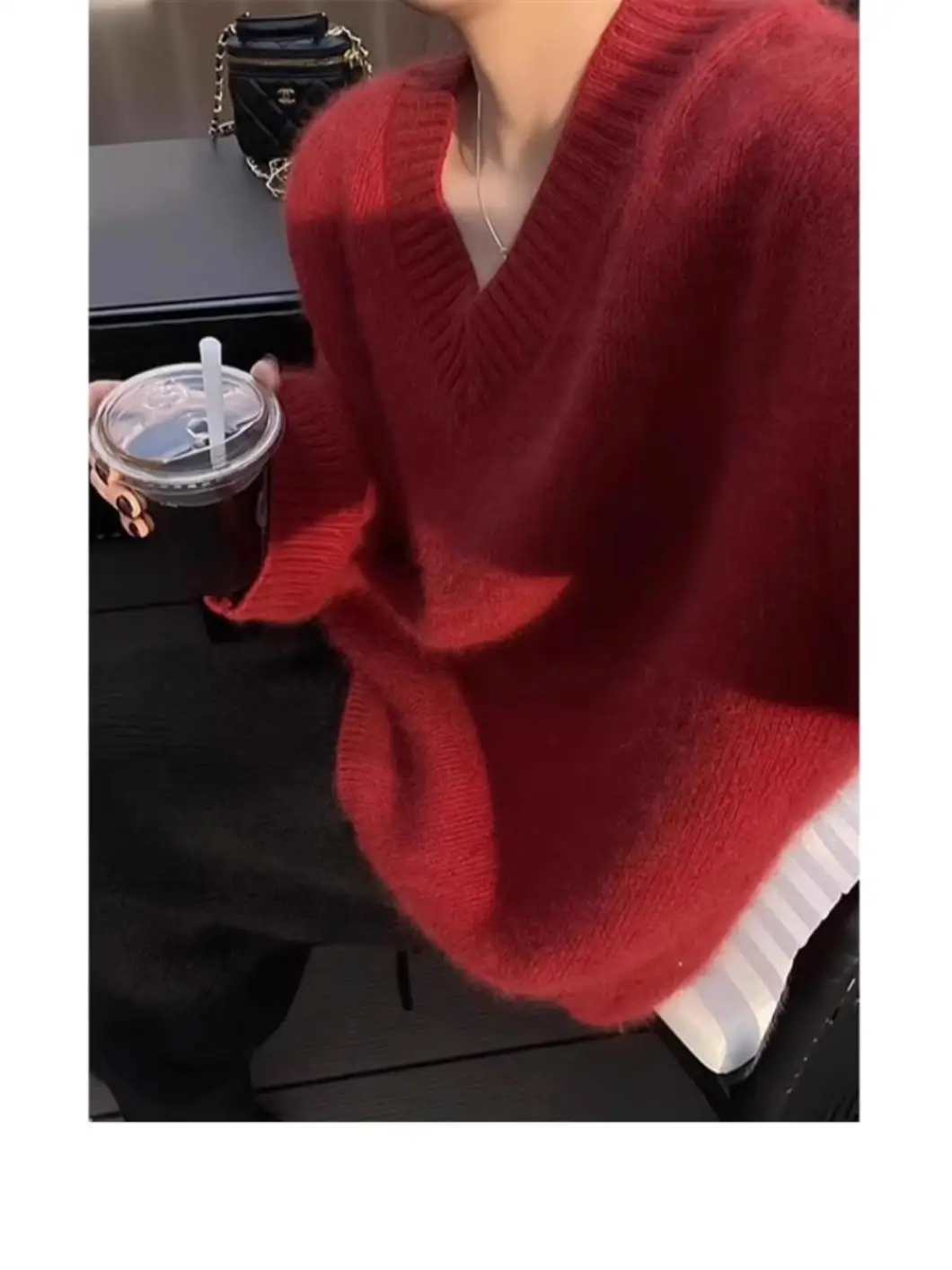 Sweter damski z angory, luźny, w stylu lazy fashion, z dzianiny wełnianej, z dekoltem w serek, na jesień i zimę, czerwony, duży rozmiar.