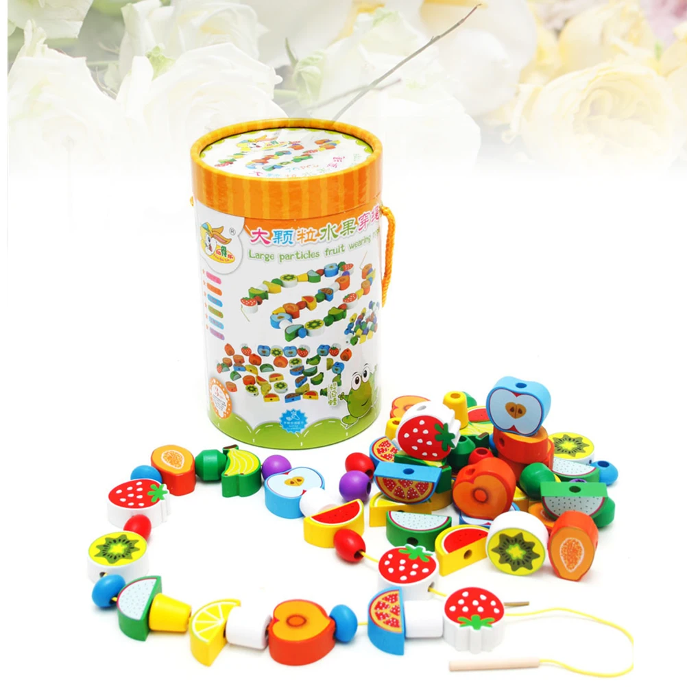 70 pièces de perles de fruits, jouets de Fruits, laçage pour les tout-petits, grosses particules, bambou en bois pour enfant