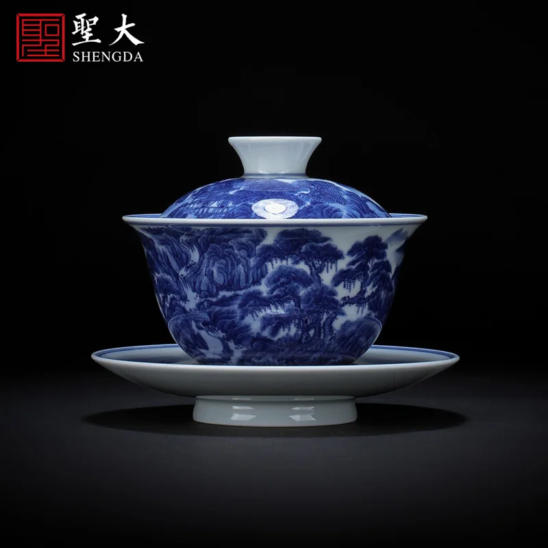 

|St large ceramic three tureen hand-painted heavy blue on figure tureen tea bowl full manual of jingdezhen tea service