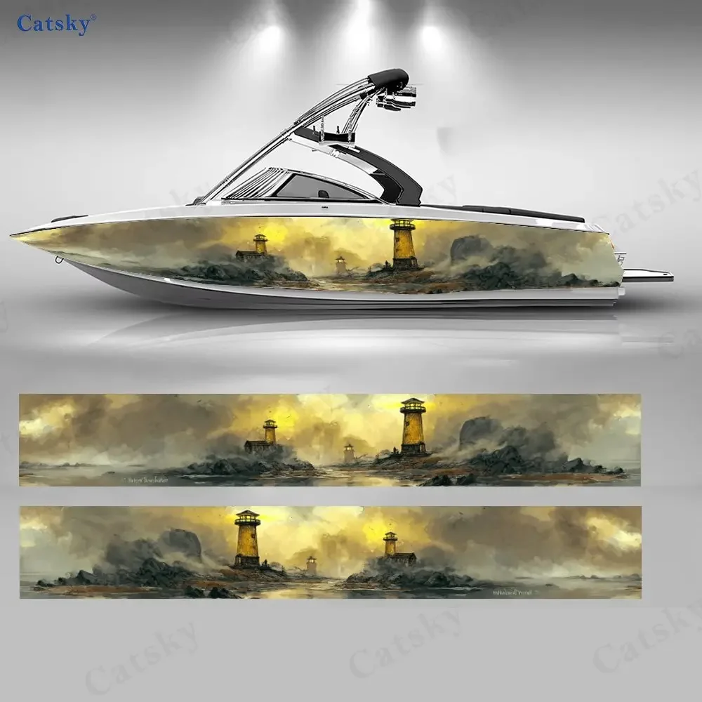 2Pcs Lighthouse Boat Decal, Vintage Yellow Hazy Background for Watercraft, Premium Vinyl Material, Nostalgic Coastal-Themed