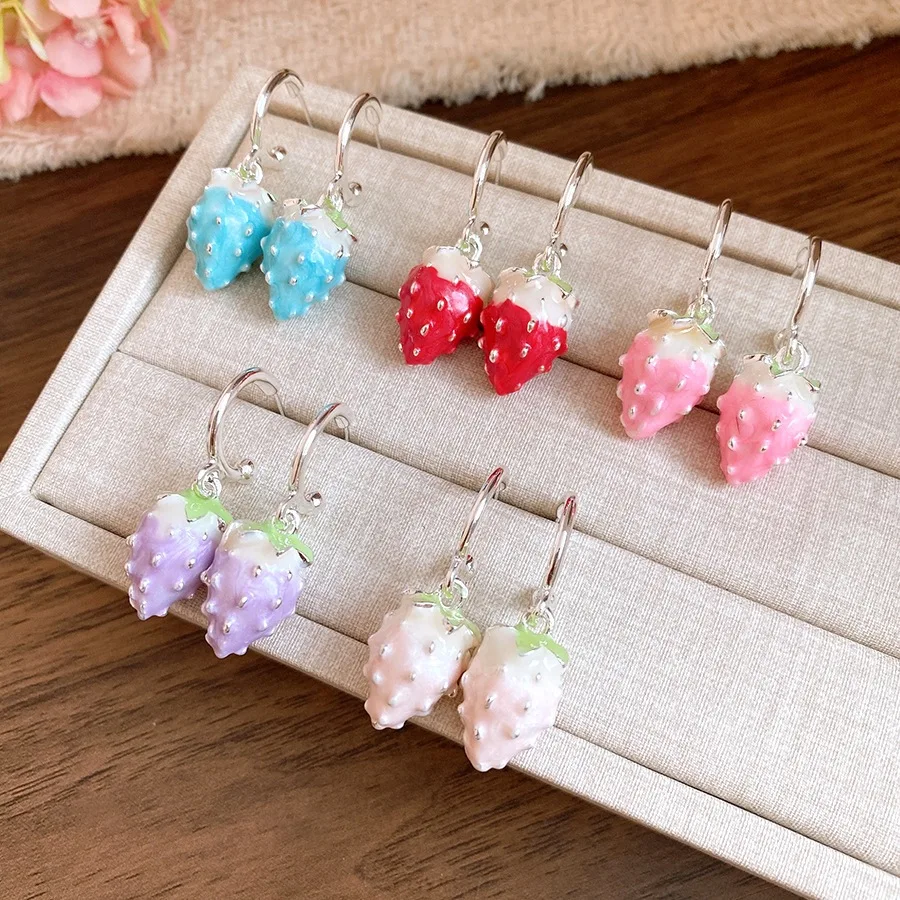 Strawberry Drop Earrings With Enamel Glaze, Sweet Multicolor Fruit-Shaped Jewelry For Women Daily & Summer Wear