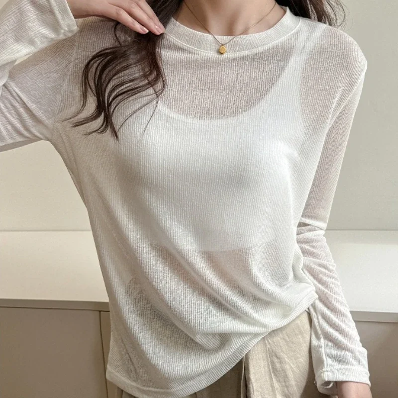 

2026 New Summer Micro Transparent Round Neck Solid Color Breathable Sunscreen Hoodie T-shirt for Women