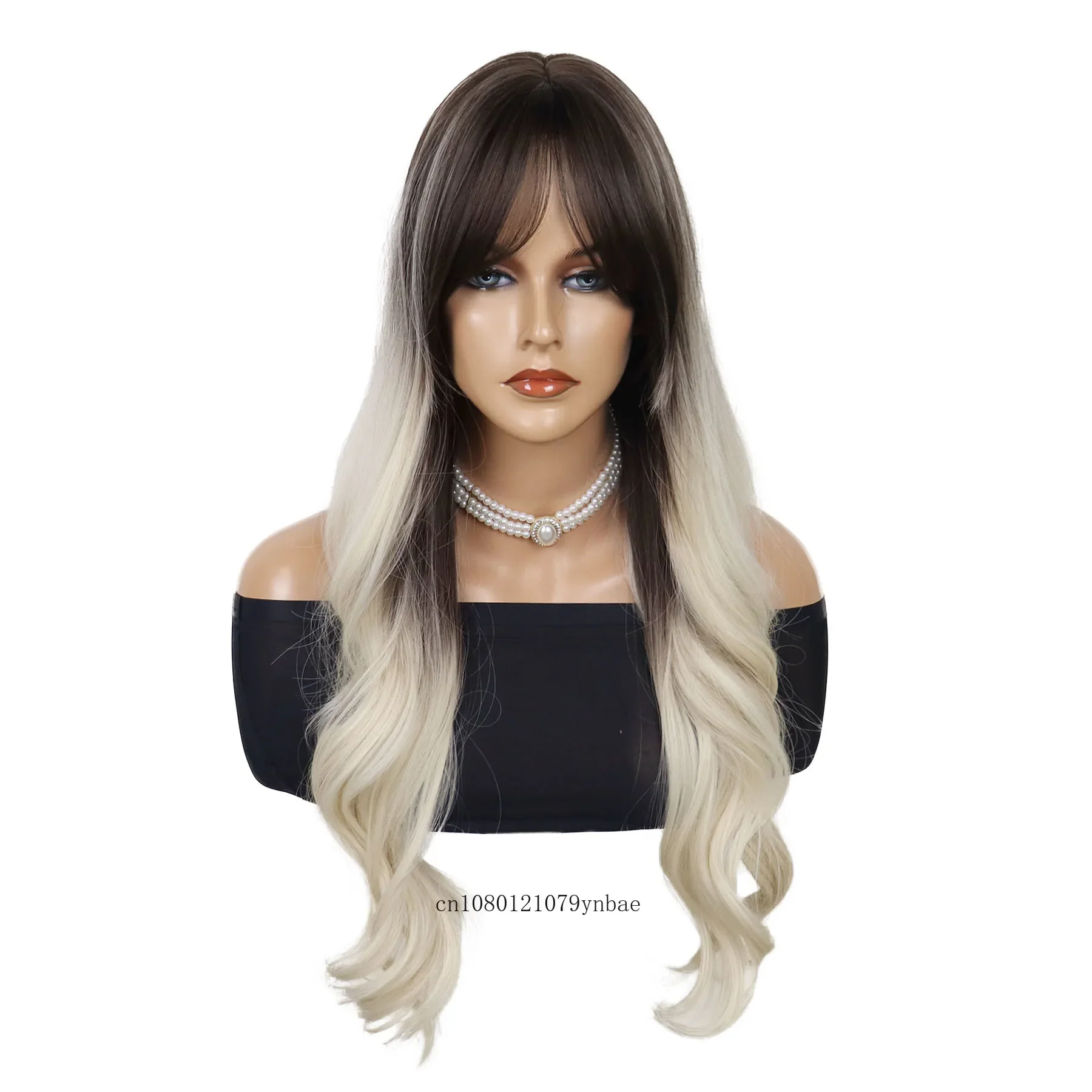 Synthetic 28 Inch Long Wavy Wigs for Women Girls Ombre Light Blonde Wig with Bangs Daily Cosplay Party Costume Heat Resistant