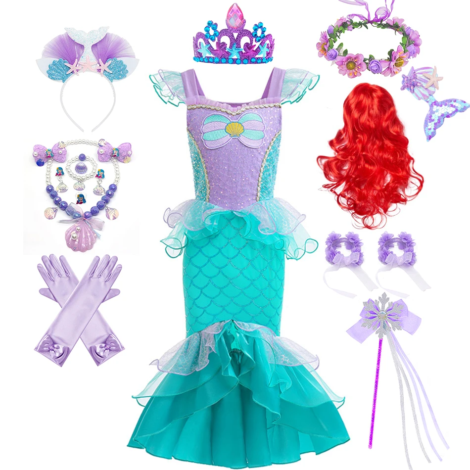 

Sea Shell Applique Fishtail Princess Dress Mermaid Cosplay Costume Ariel Dress Up Clothes Halloween Carnival Fantasy Outfits