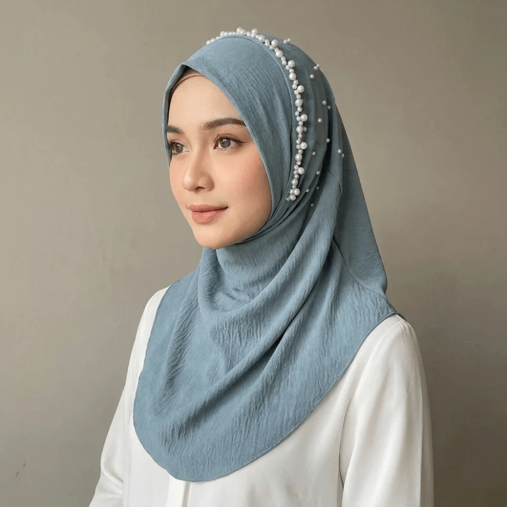 Simple Solid Color Beads Hijab Quick Drying Pull On Style Hijab Scarf Breathable Shawls Head Wraps Daily Use